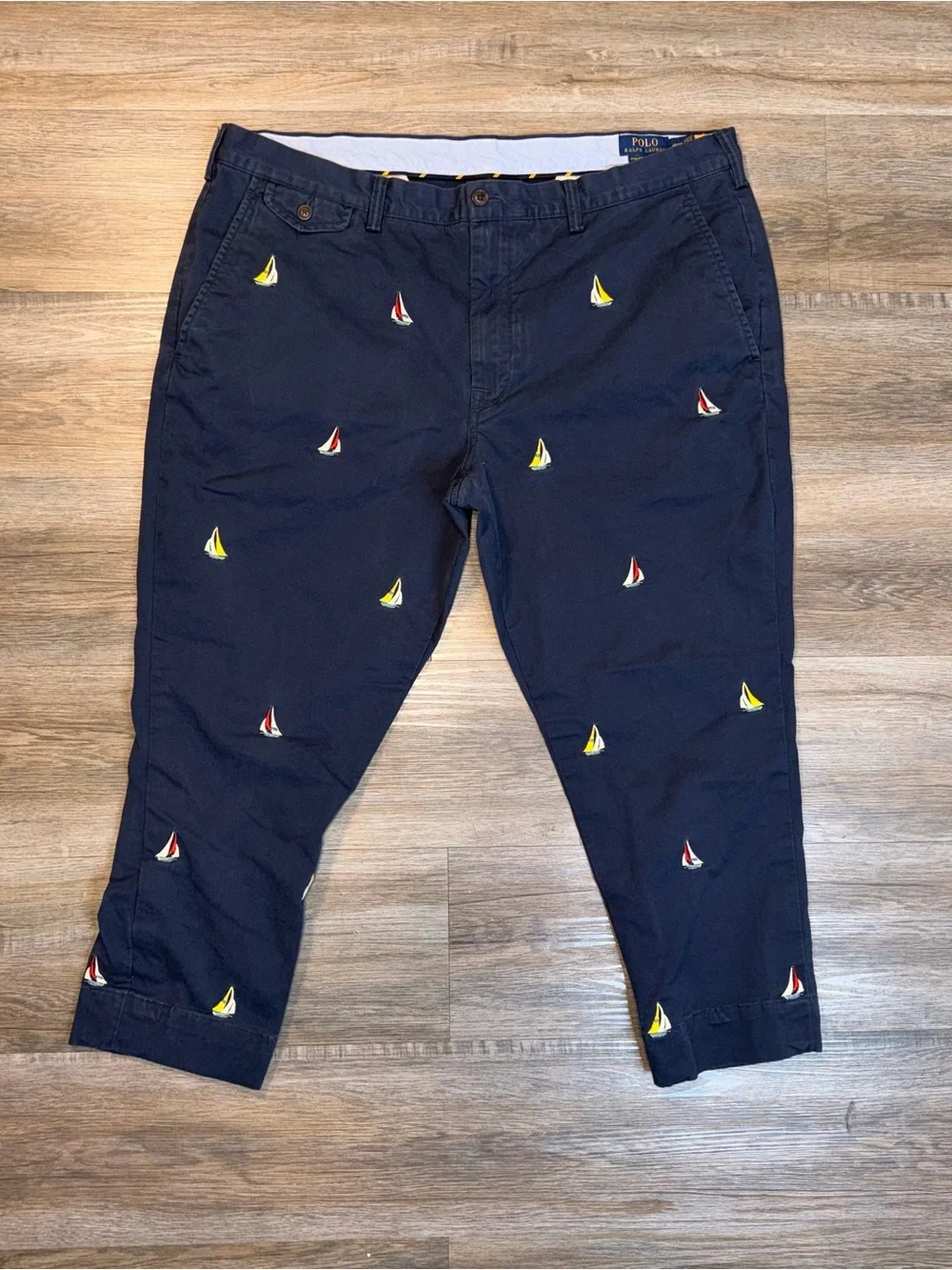 Polo Ralph Lauren Chino Pants Mens W40 x L30 Navy All-Over Embroidered Sailboat
